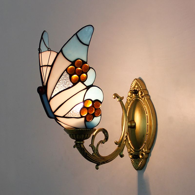Arisha Applique Murale Papillon Tiffany, Métal/Verre, Bleu/Rouge/Multi-Couleurs/Bleu Clair