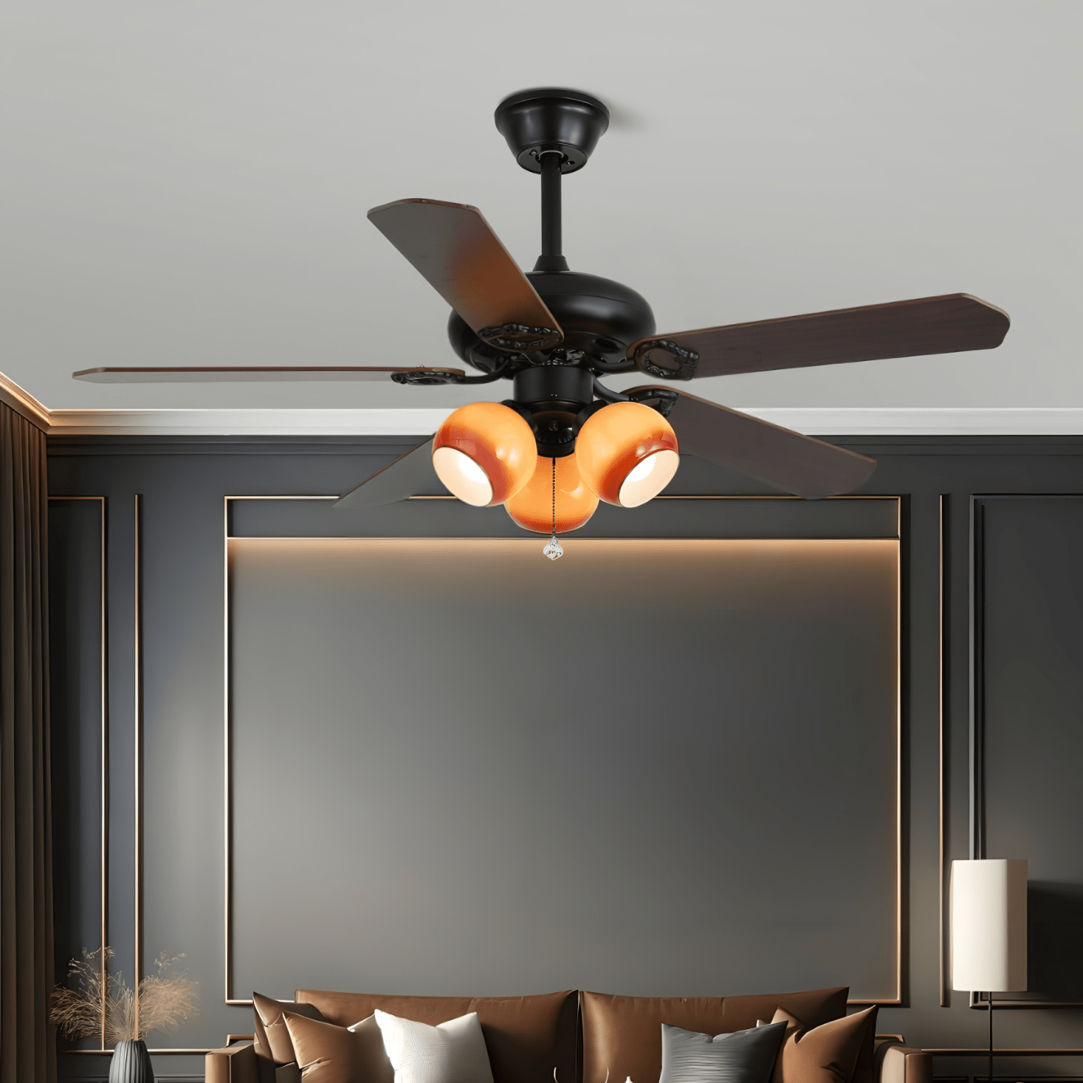 Plafonnier Ventilateur Calviera en Bois et Verre Vintage, dans un salon