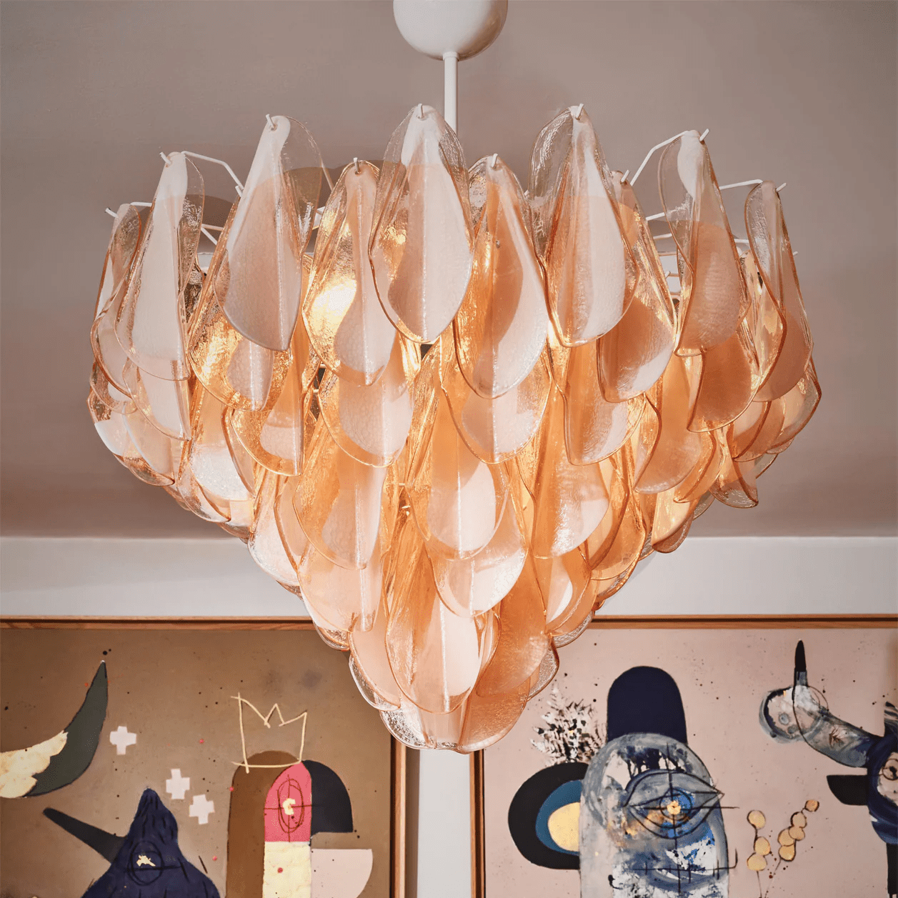 Aurora Chandelier Amber Murano Glass Oval Drops Layered - Letslighting