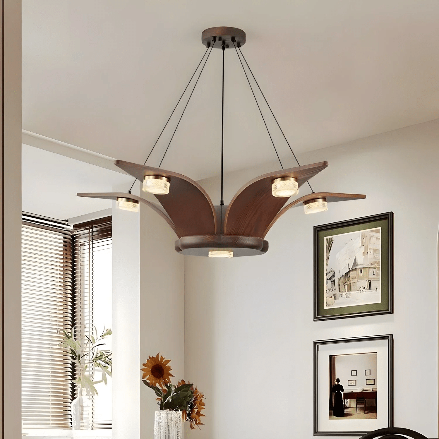 Lustra Chandelier En Noyer Bois Cristal Sculptural - Neutralighting