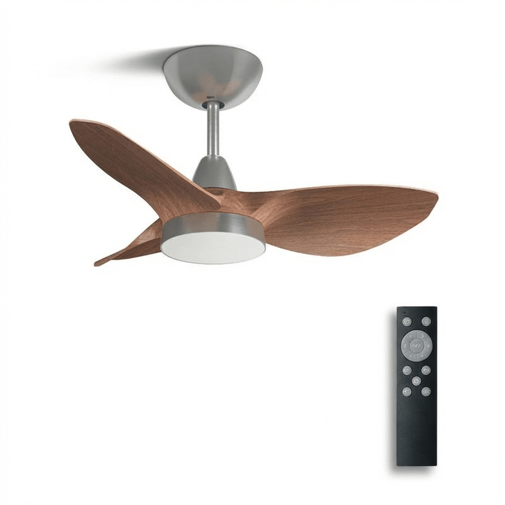 Photo d'ambiance du plafonnier ventilateur Soren éclairant une pièce intérieure.