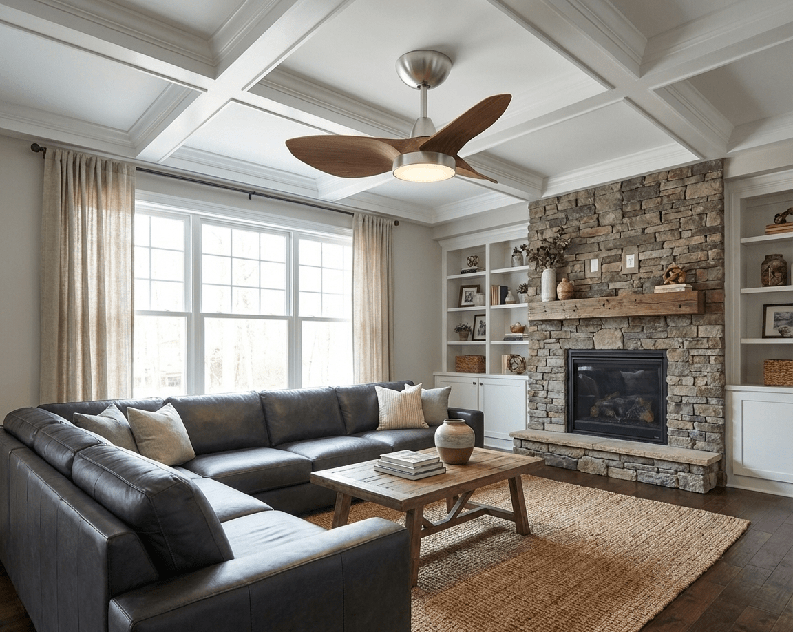 Gros plan sur les pales en bois et l'abat-jour en acrylique du plafonnier ventilateur Soren.