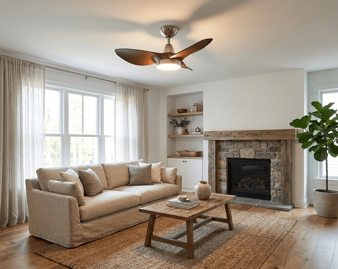 Vue détaillée de la LED intégrée et de la méthode de contrôle du plafonnier ventilateur Soren.