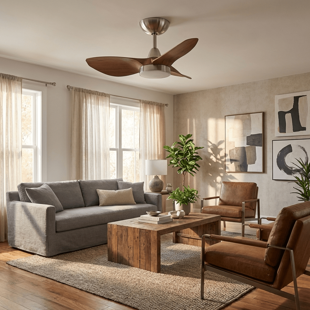 Plafonnier ventilateur scandinave Soren dans un intérieur moderne.