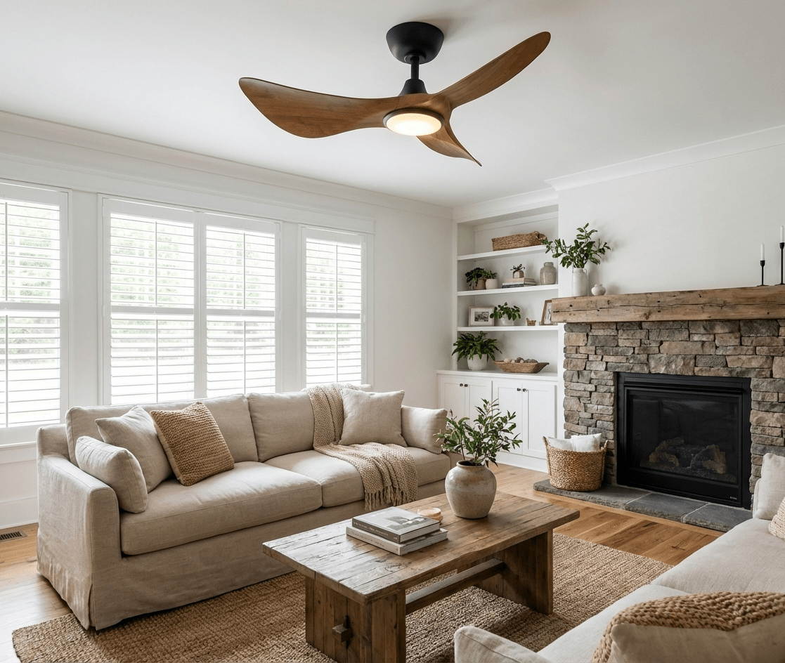 Ventilateur de plafond Finn avec lumière, détails de la finition Noyer