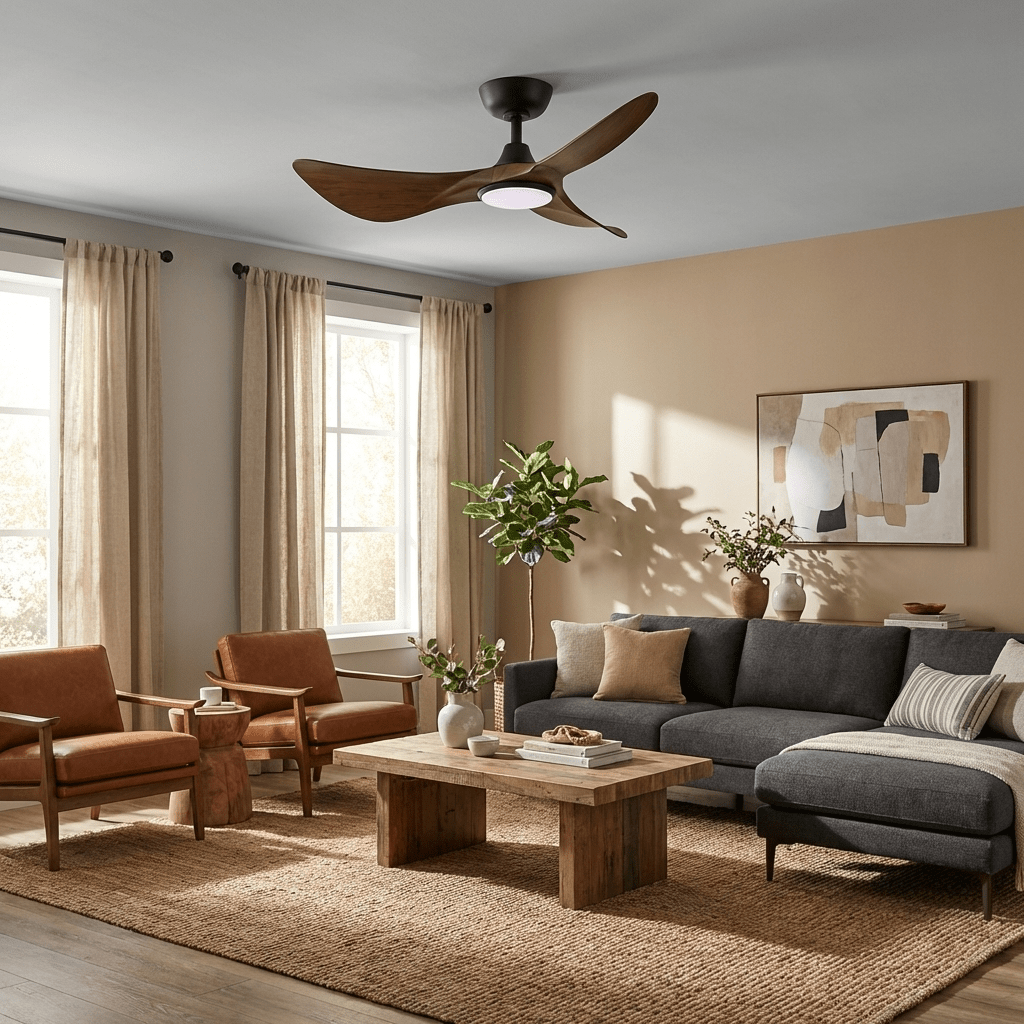 Gros plan sur les pales en bois et l'abat-jour en acrylique du ventilateur de plafond Finn avec lumière