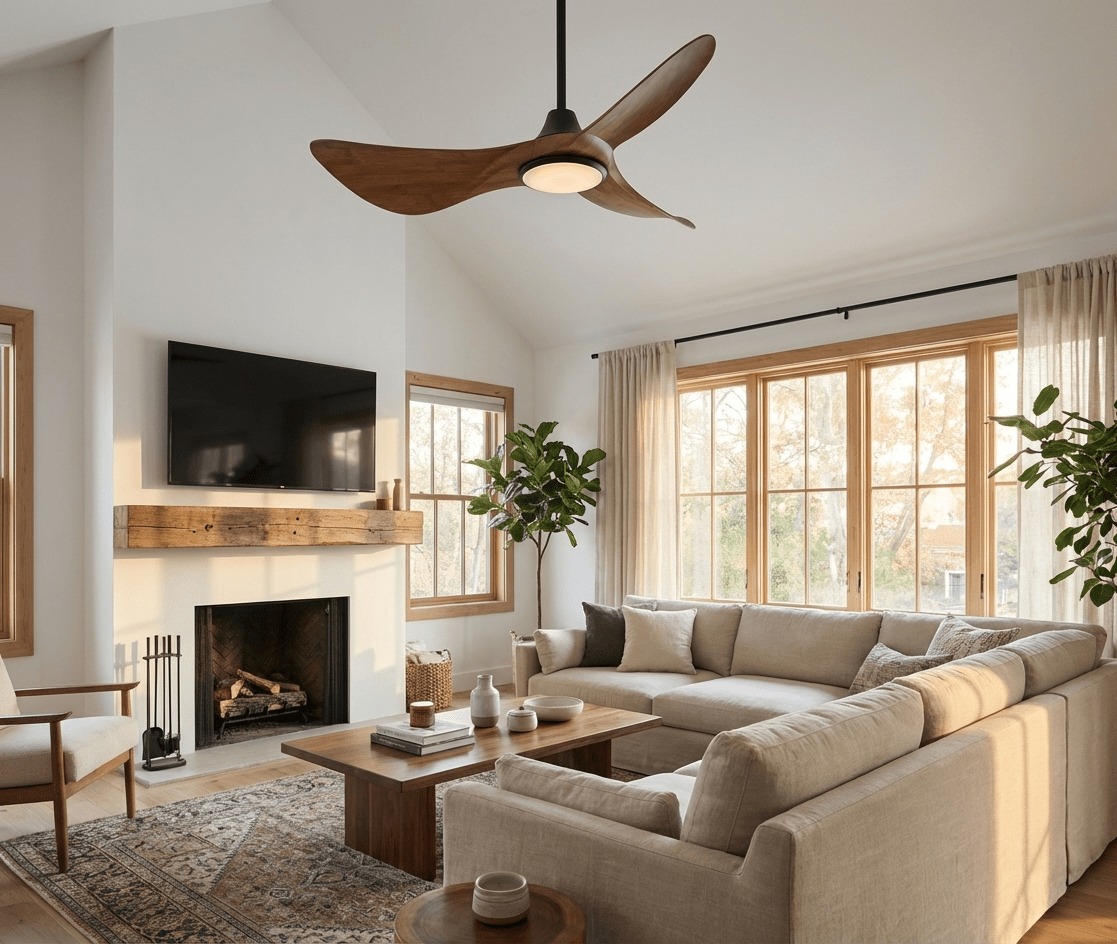 Ventilateur de plafond Finn en bois sculpté avec lumière dans un salon moderne