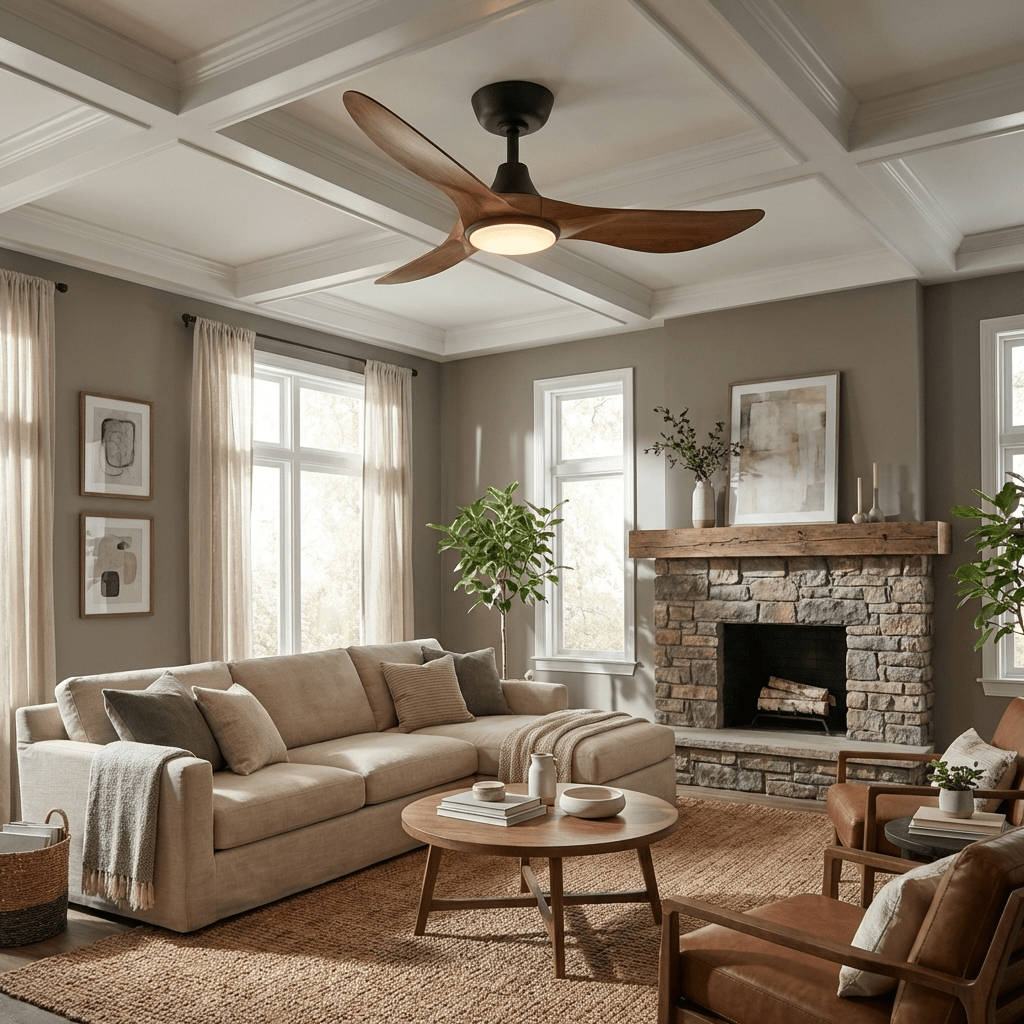 Ventilateur de plafond Finn avec lumière et sa télécommande portable