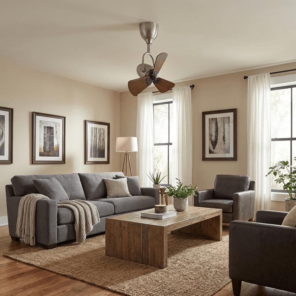 Ventilateur de plafond articulé Orville montrant les pales en bois