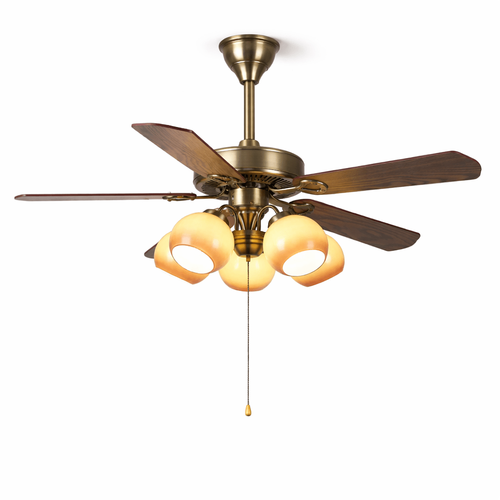 Ventilateur de plafond vintage Theodore avec lumière dans un décor de pièce, mettant en valeur son style vintage