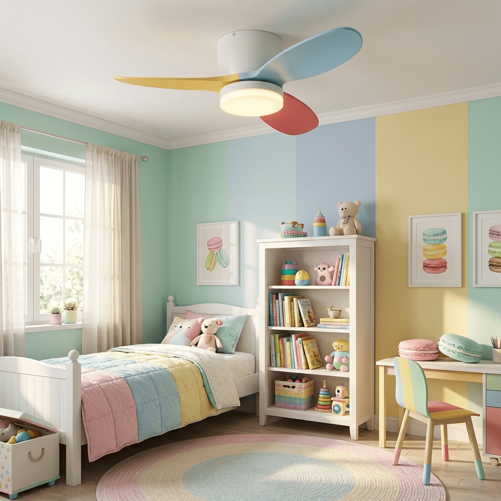 Vue détaillée du cadre métallique et des pales en ABS du plafonnier ventilateur Milo Pétale.