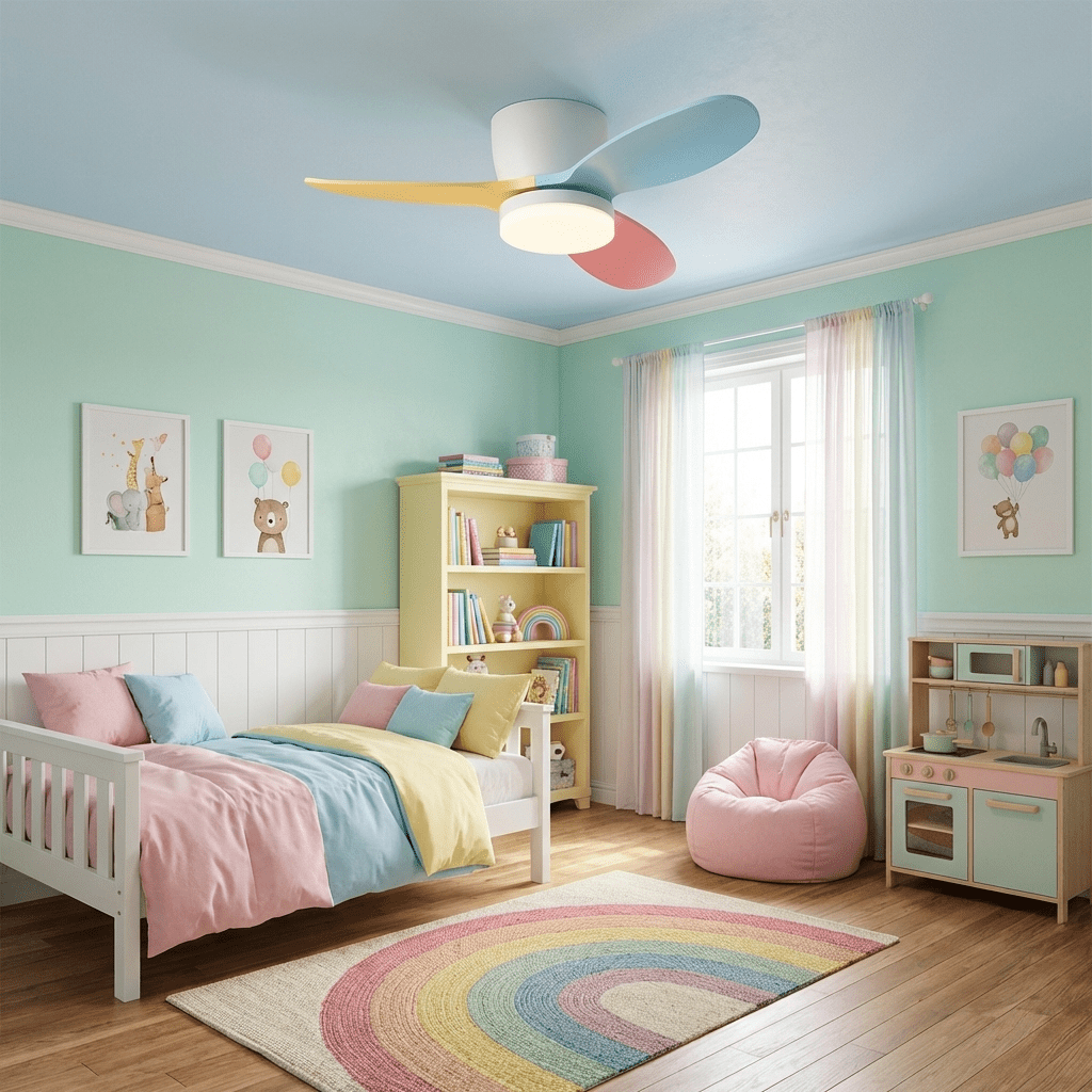 Plafonnier ventilateur Milo Pétale monté au plafond, mettant en valeur son esthétique moderne.