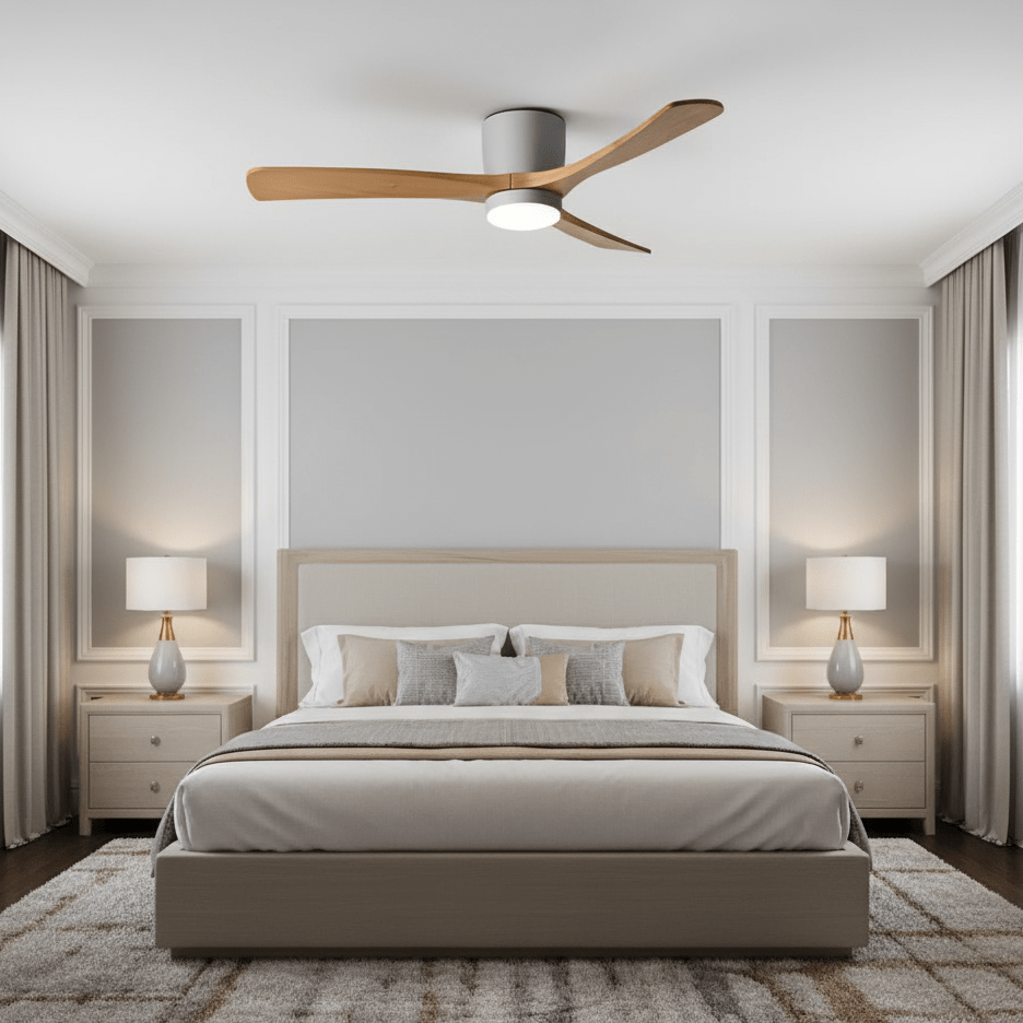 Ventilateur de plafond en bois nordique Ezra avec lumière, finition noyer, pour un look riche et chaleureux.