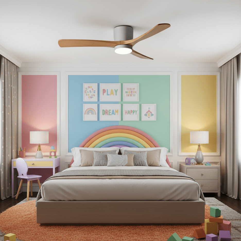 Ventilateur de plafond en bois nordique Ezra avec lumière, finition bois naturel, soulignant la beauté organique.