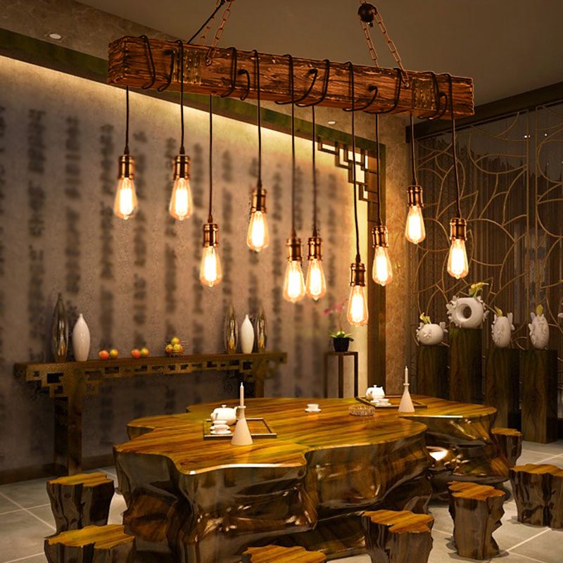 Epoch Industrie LED Suspension Linénaire Brun Bois Métal Verre Salle à Manger - Neutralighting