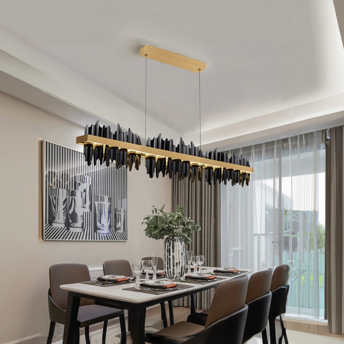 Kristy Lustre LED Rectangles Verre/Métal Noire Or Salon