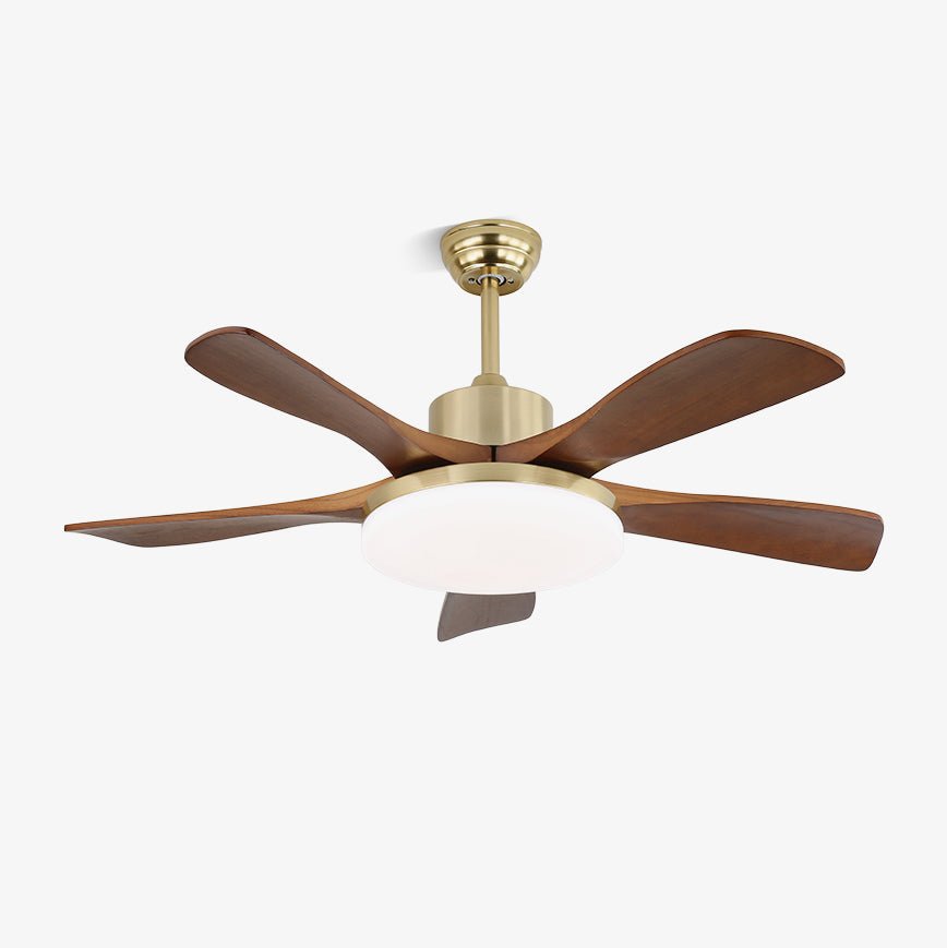 Plafonnier ventilateur Elara moderne en laiton et bois, Modèle A