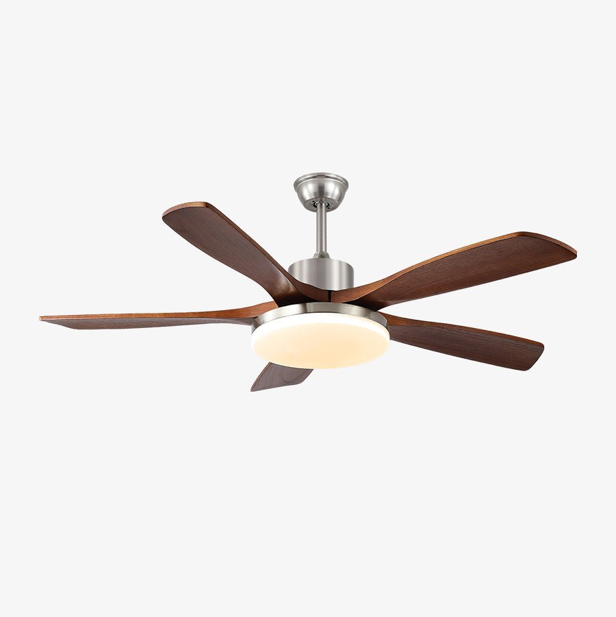 Plafonnier ventilateur moderne Orvian en bois, vue latérale.
