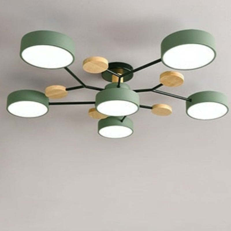 Arisha Plafonnier Rond Moderne, Métal/Bois, Blanc/Vert/Gris, Salon - Neutralighting
