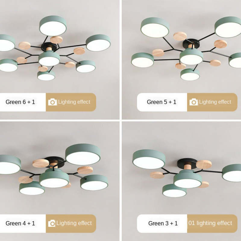 Arisha Plafonnier Rond Moderne, Métal/Bois, Blanc/Vert/Gris, Salon - Neutralighting
