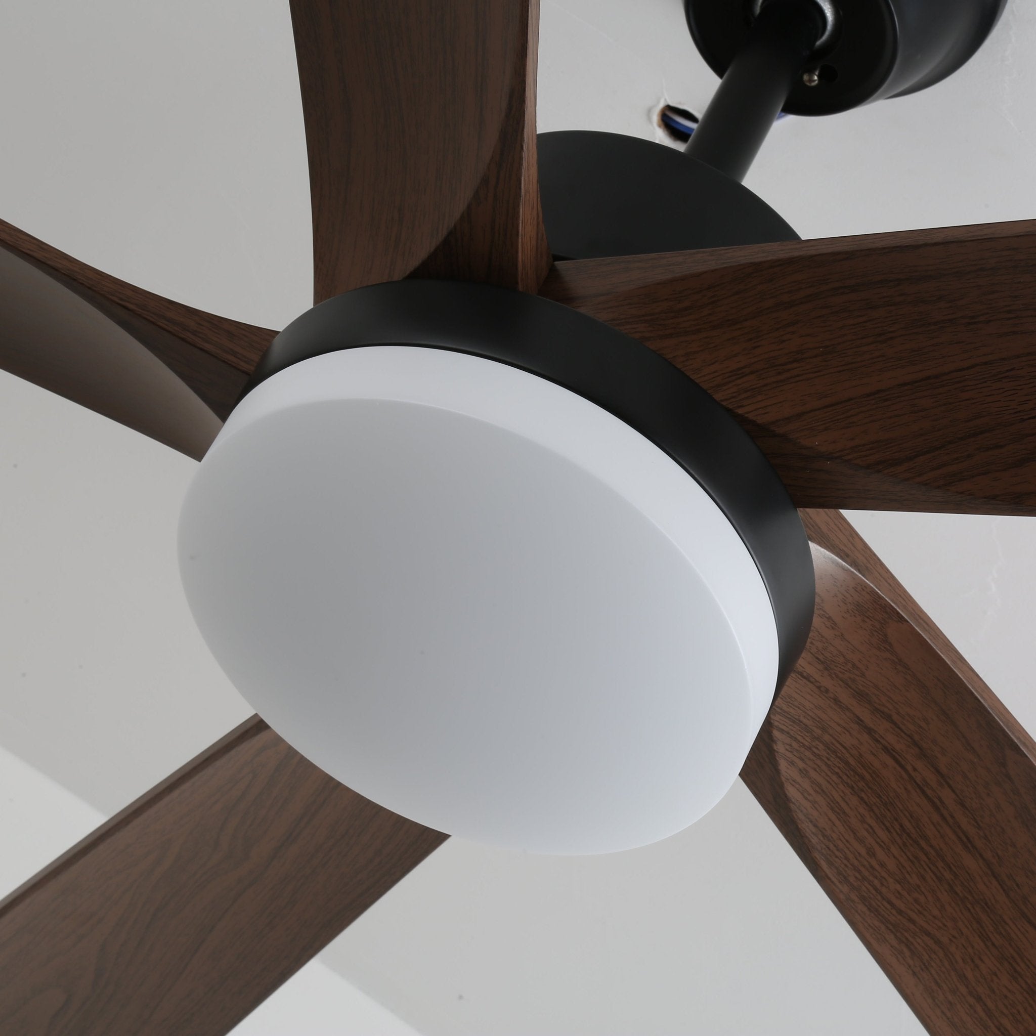 Plafonnier ventilateur moderne en bois Eryndor vu d'en bas, présentant l'abat-jour en acrylique