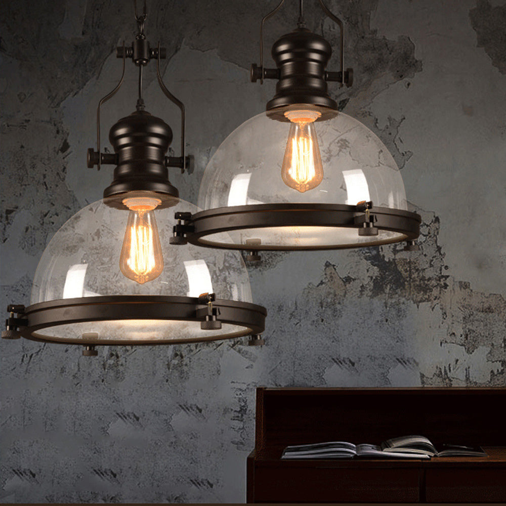 Silva Luminaires Suspensions Dôme Industrielle LED Vintage Verre/Métal Noir Salon/Chambre à Coucher - Neutralighting