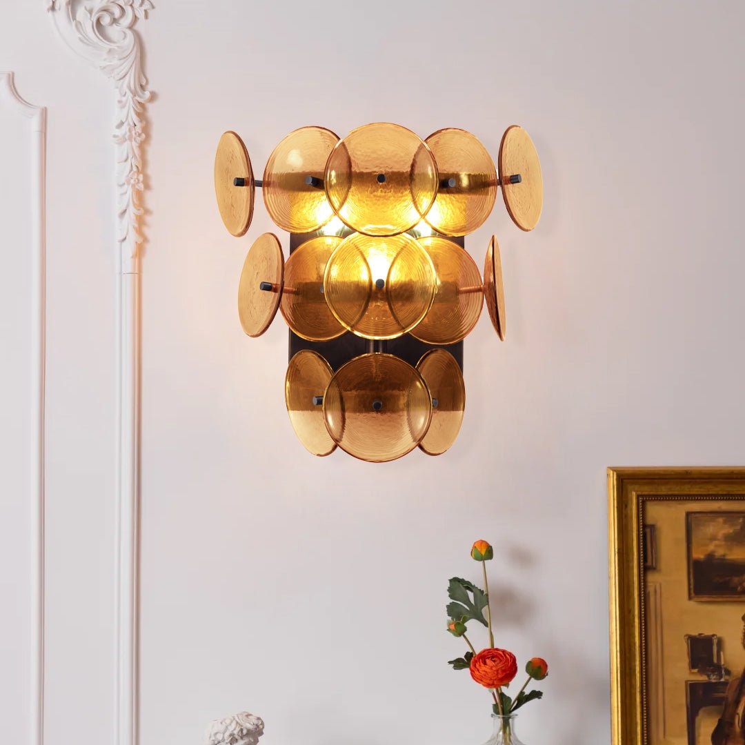 Aurora Wall Sconce Pressed Glass Disc Vintage Amber - Letslighting