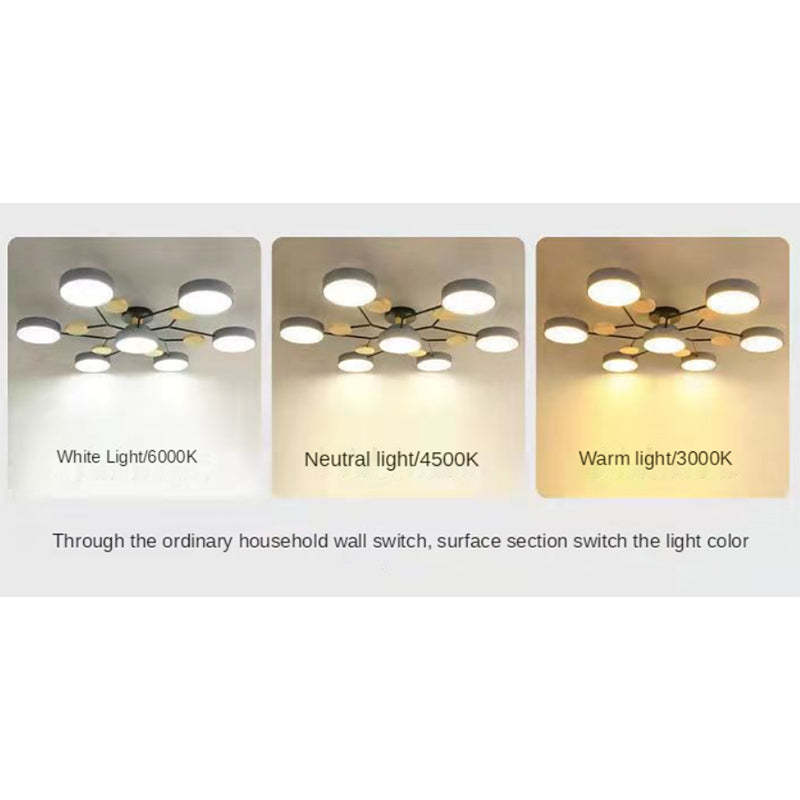 Arisha Plafonnier Rond Moderne, Métal/Bois, Blanc/Vert/Gris, Salon - Neutralighting