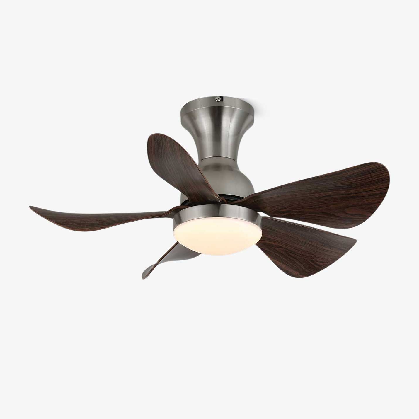 Ventilateur de plafond moderne en bois Novaro avec lumière, finition grain de bois de noyer