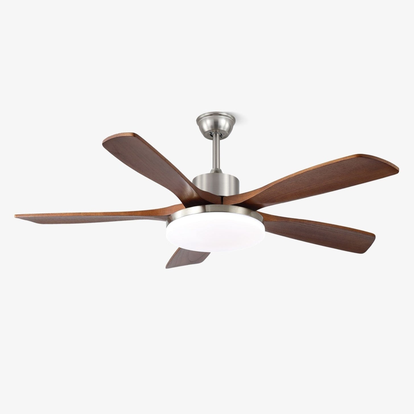 Plafonnier ventilateur moderne Orvian en bois avec 3 pales, diamètre 108 cm.