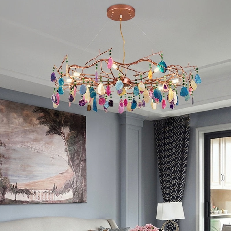 Valentina Art LED Suspension Doré Rosé Métal Pierre d'Agate Salon - Neutralighting