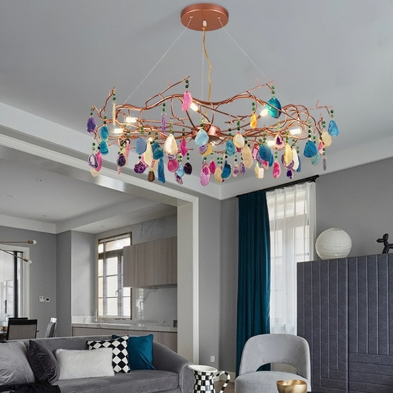 Valentina Art LED Suspension Doré Rosé Métal Pierre d'Agate Salon - Neutralighting