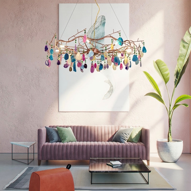 Valentina Art LED Suspension Doré Rosé Métal Pierre d'Agate Salon - Neutralighting