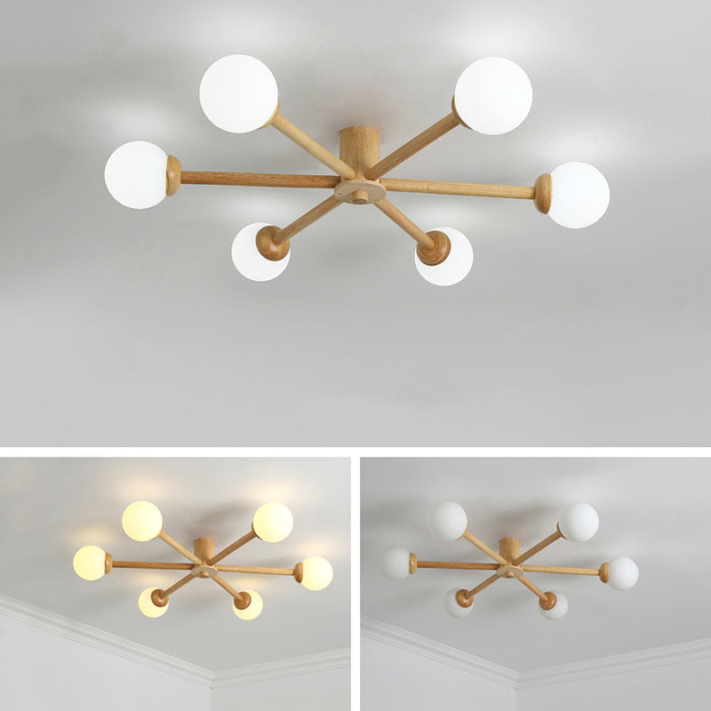 Muto Plafonnier Boule Moderne, Bois/Verre, Bois, Salon - Neutralighting