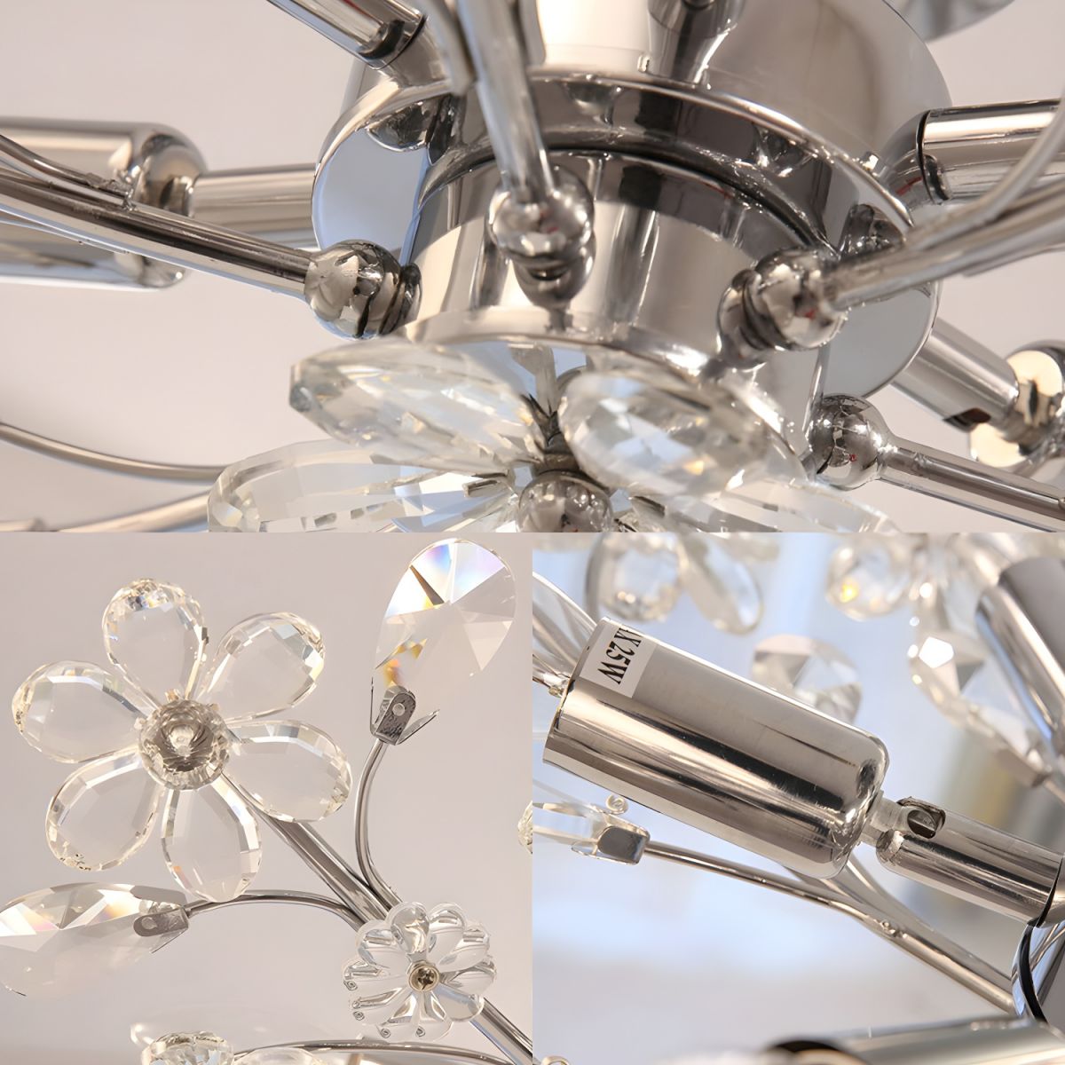 Olivia Plafonnier Moderne à Fleurs en Cristal, Verre/Métal, Chrome, Salon/Chambre à Coucher