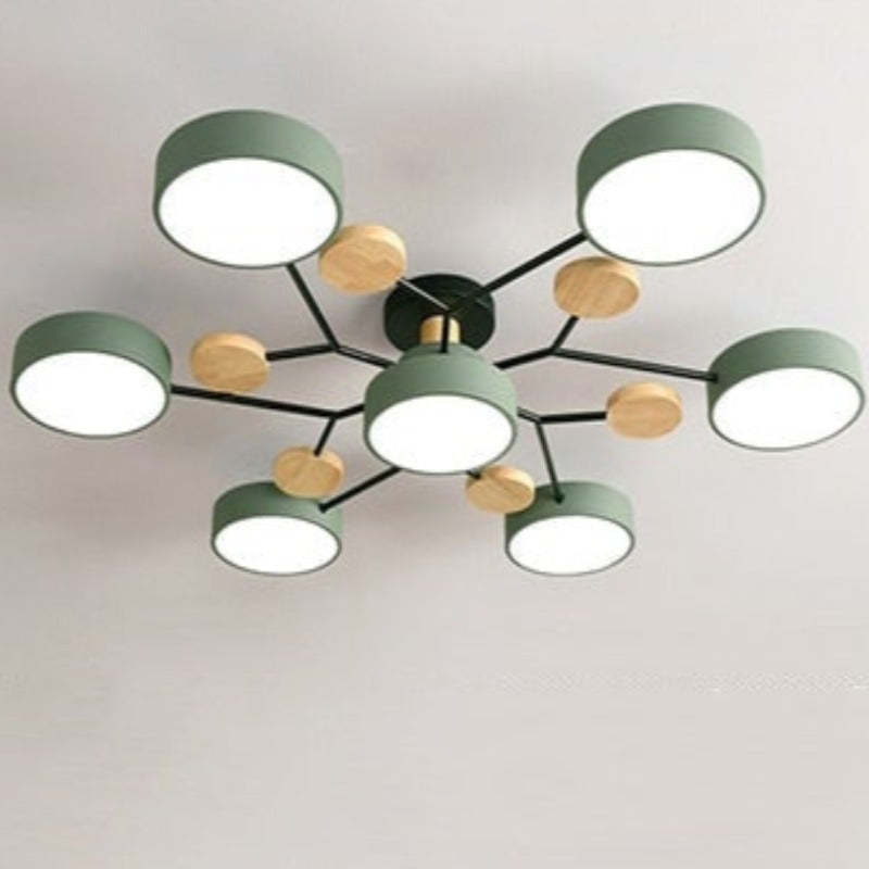 Arisha Plafonnier Rond Moderne, Métal/Bois, Blanc/Vert/Gris, Salon - Neutralighting