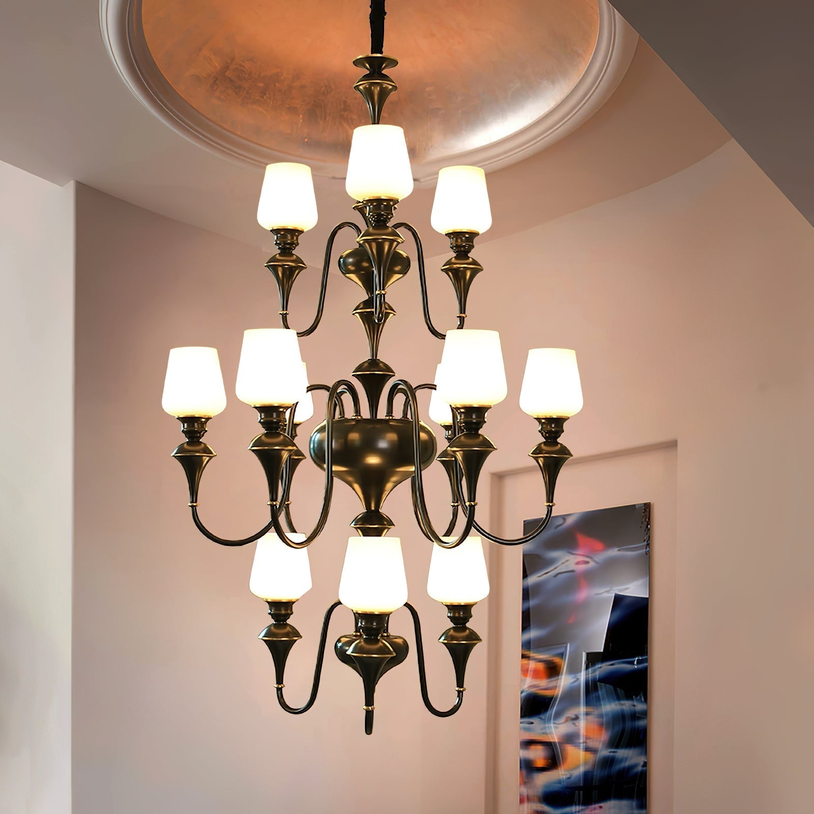 Abrahamson Traditional Shaded Tiered Brass Glass Chandelier - Lamp Copper