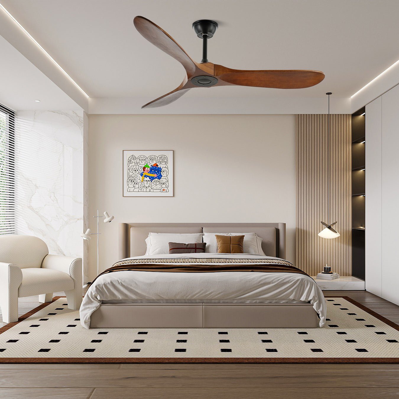 Gros plan du ventilateur de plafond en bois Aviona avec pales en bois