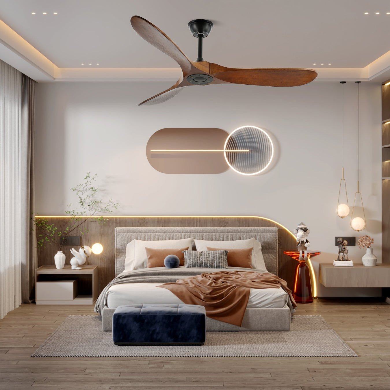 Ventilateur de plafond en bois Aviona présentant son cadre métallique