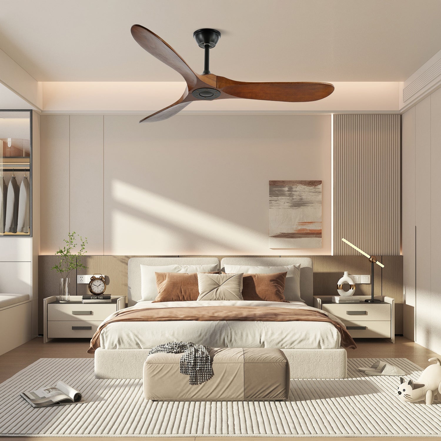 Vue de profil du ventilateur de plafond en bois Aviona