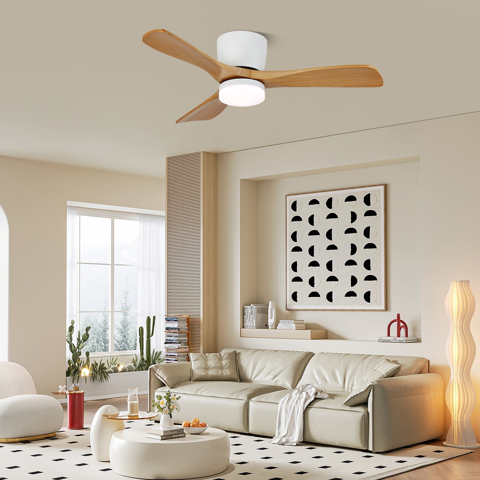 Ventilateur de plafond Knox avec lumière, Modèle B (pales effilées et incurvées) en finition Grain de bois Naturel.