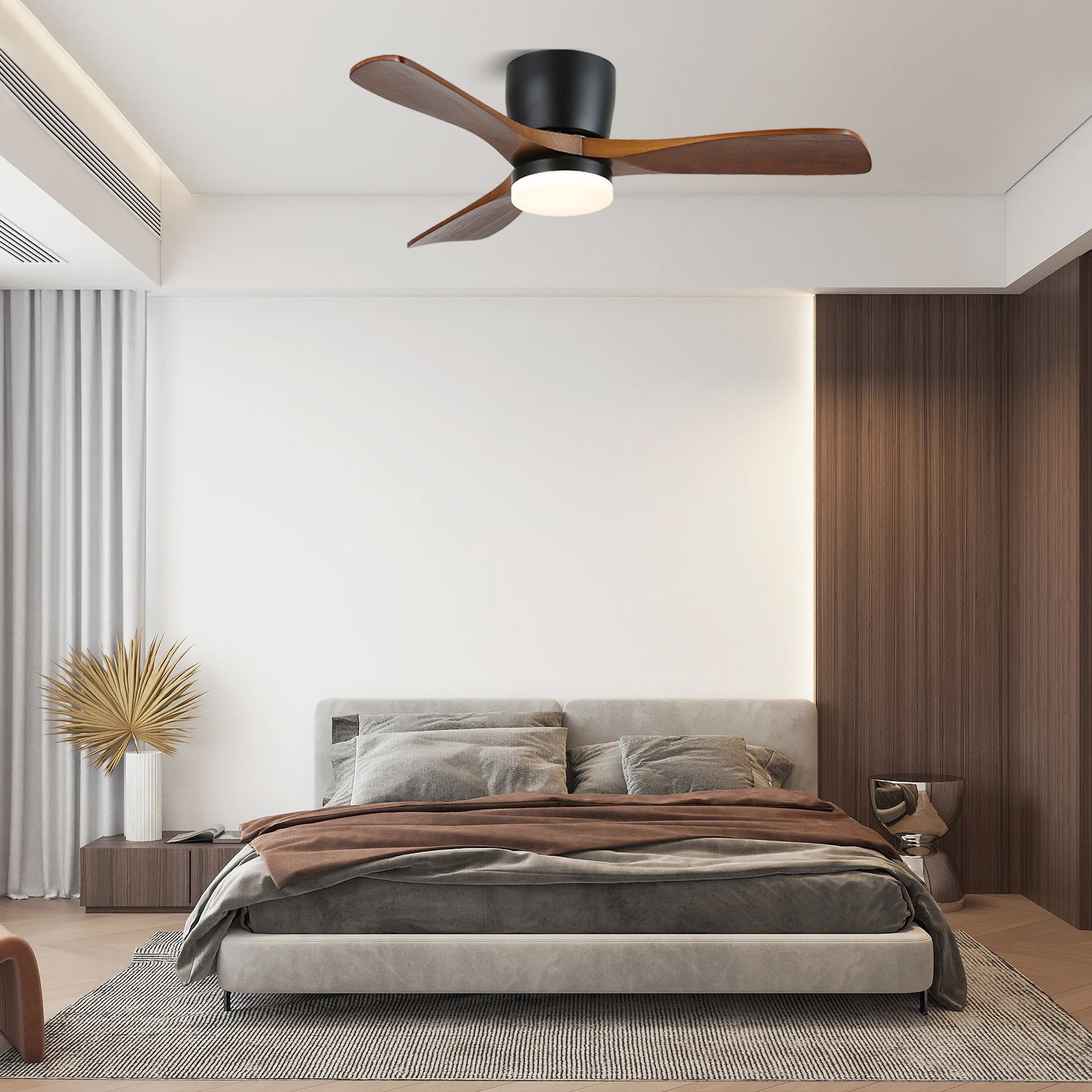 Ventilateur de plafond minimaliste Knox avec lumière, pales en bois massif et LED intégrée.