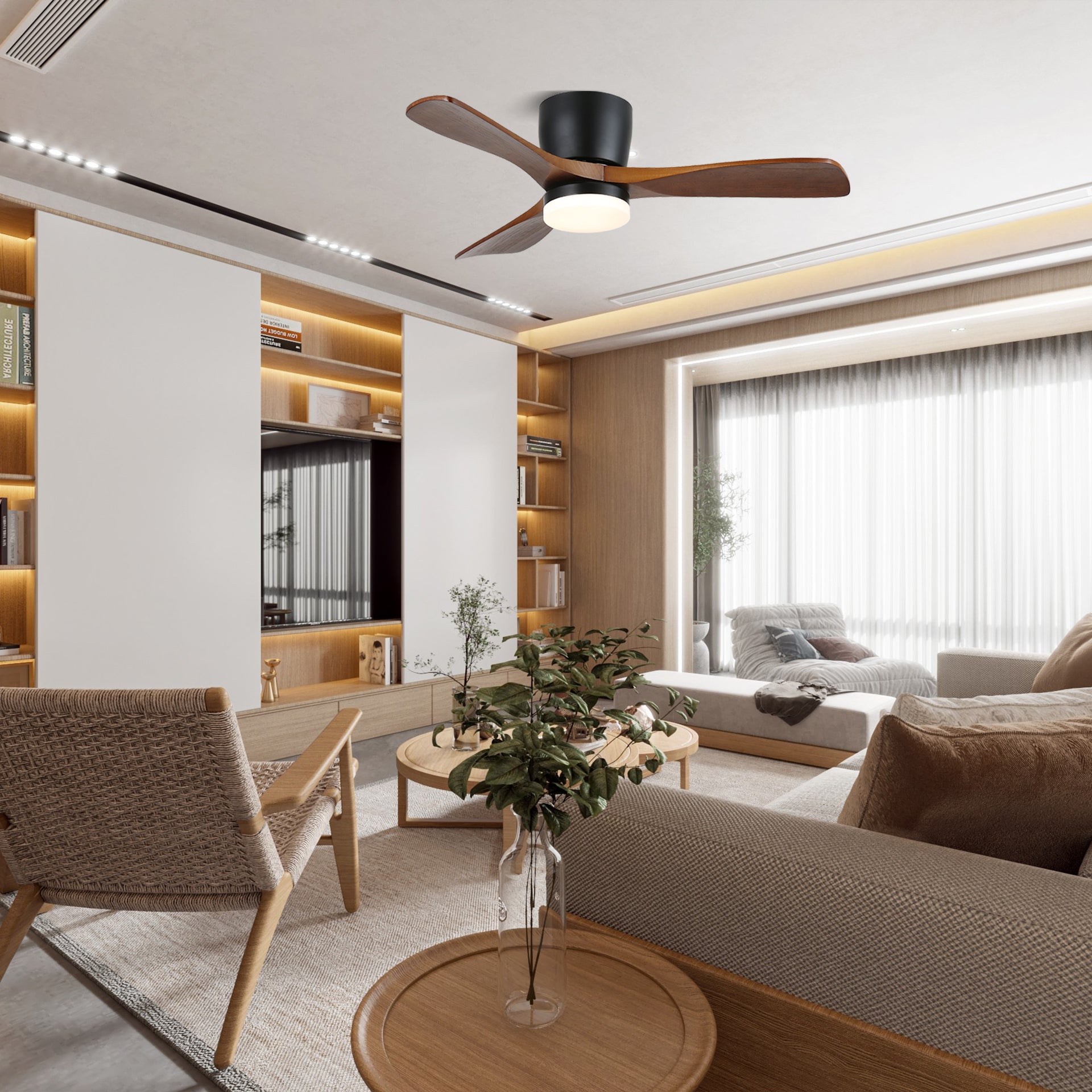 Gros plan sur le moteur DC en cuivre pur et l'abat-jour fin en acrylique du ventilateur.