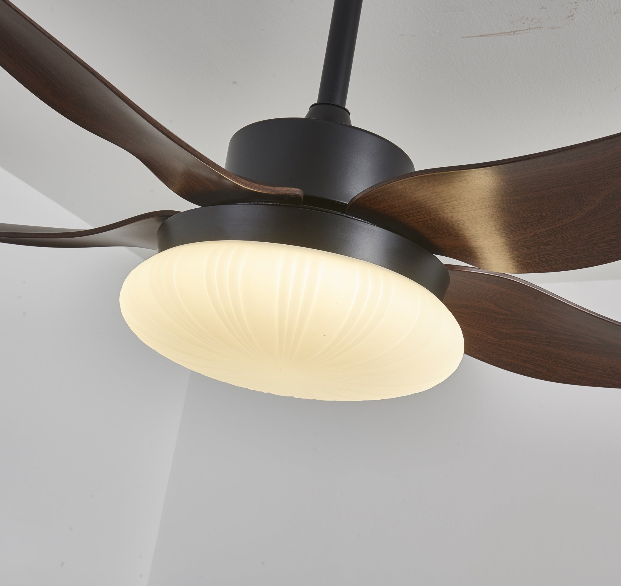 Vue d'installation du ventilateur de plafond moderne avec lumière.