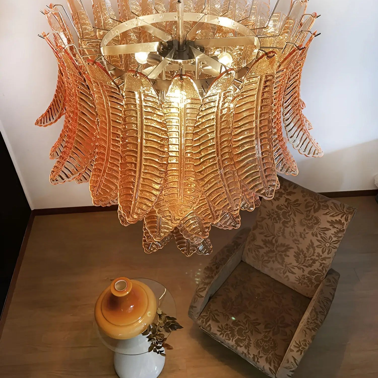 Aurora Chandelier Amber Murano Glass Leaves Layered - Letslighting