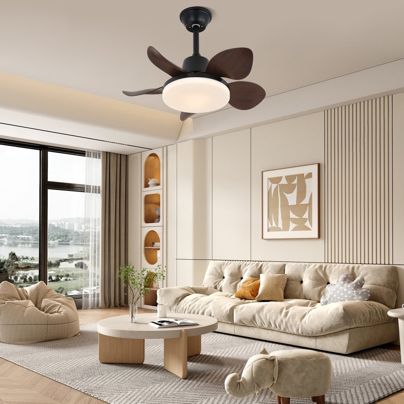 Plafonnier ventilateur Veyra moderne avec pales finition bois de noyer