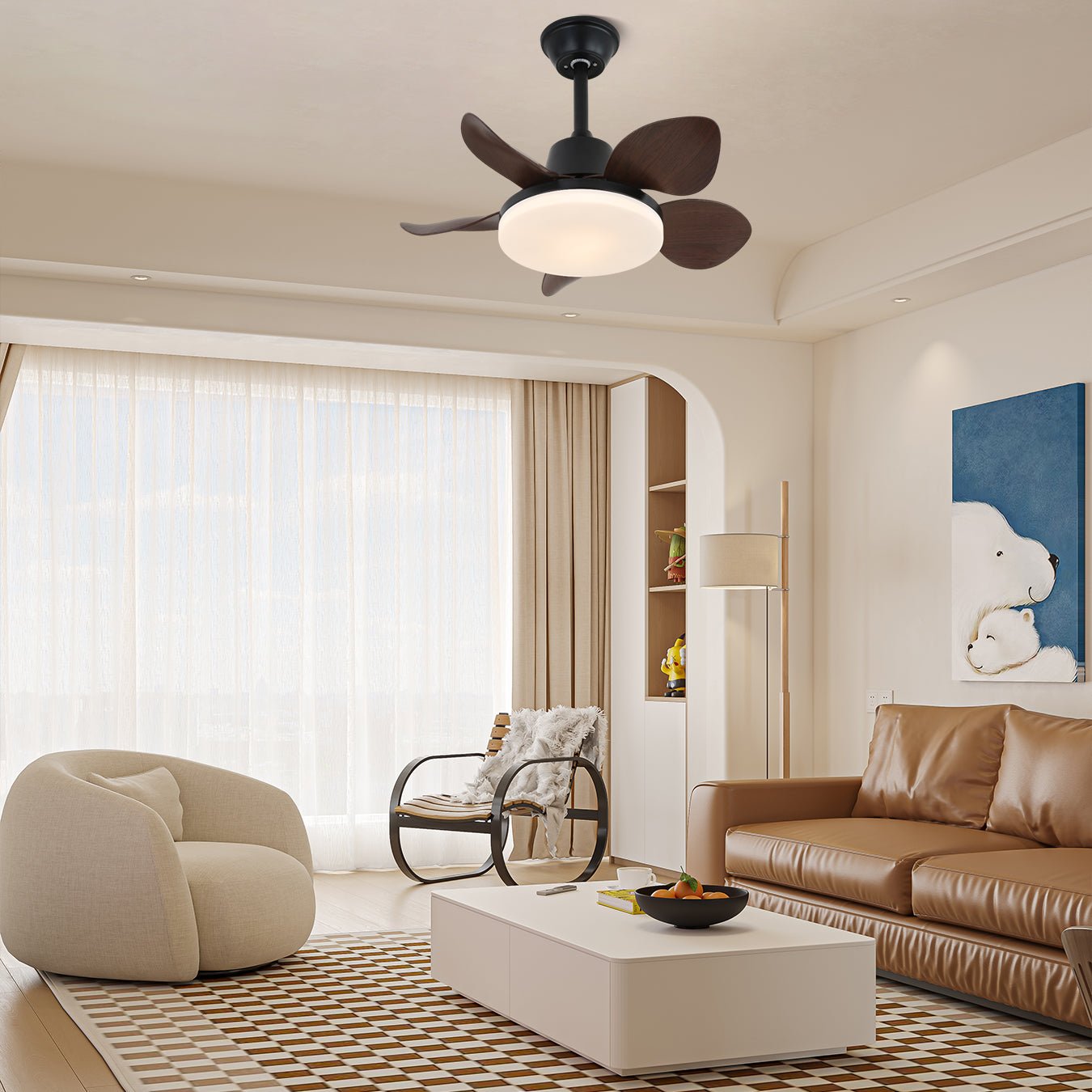 Gros plan du plafonnier ventilateur Veyra montrant la LED intégrée et l'abat-jour en acrylique