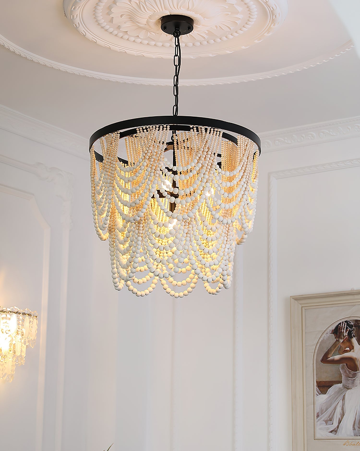 Amelia Chandelier Wood Bead Draped Rustic - Letslighting