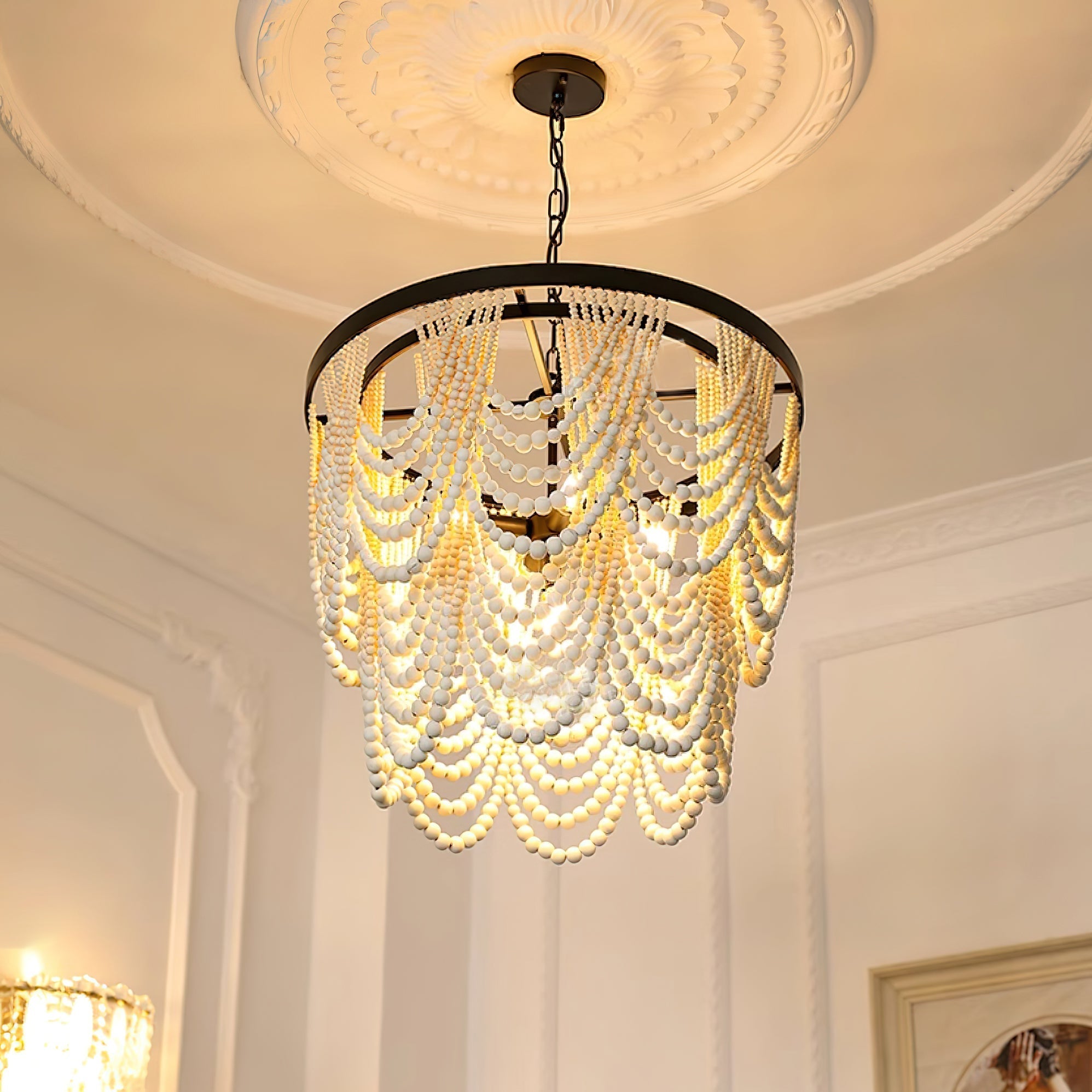 Amelia Chandelier Wood Bead Draped Rustic - Letslighting