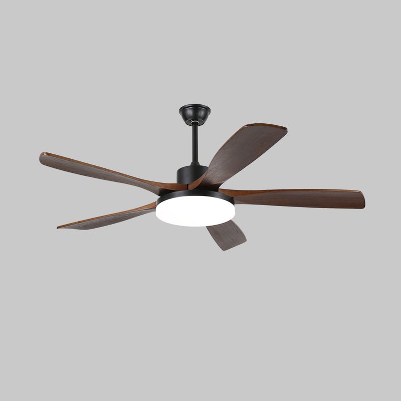 Plafonnier ventilateur Arysen minimaliste en bois, détail du cadre métallique et de l'abat-jour en acrylique